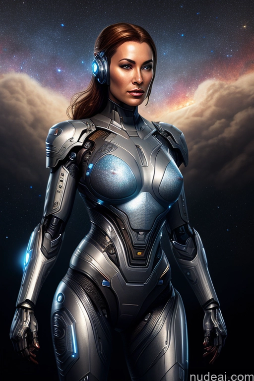 ai nude image of arafed woman in a futuristic suit with headphones and a glowing halo pics of Cyborg Stargazing Spreading Legs Sci-fi Armor