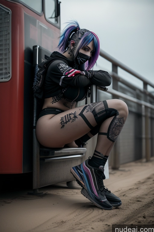 ai nude image of araffe sitting on a bench with a tattoo on her leg pics of Athlete Close-up View Busty Big Ass Rainbow Haired Girl Dutch Gothic Punk Girl One Beach Straddling Spread_legs, Pussy, Split_legs