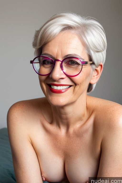 ai nude image of there is a woman with glasses smiling and posing for a picture pics of 70s Nude One Swedish Woman Glasses Happy White Hair Bedroom Bobcut Spreading Legs Illustration Front View Bright Lighting