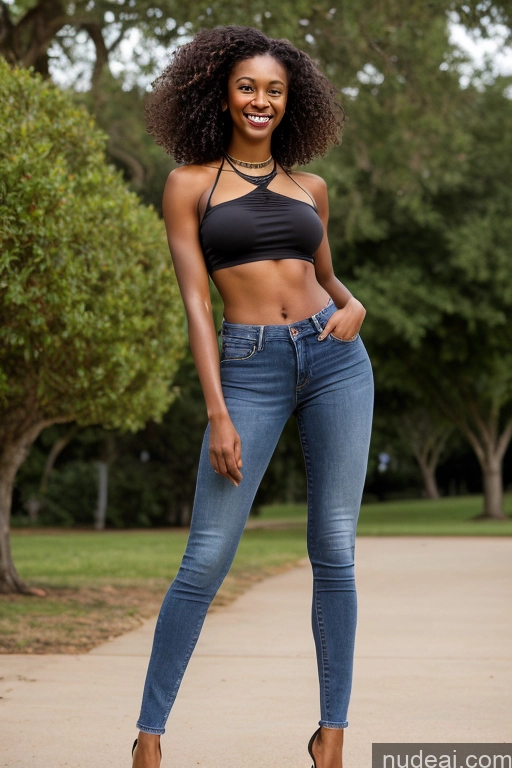 ai nude image of arafed woman in a black top and jeans posing for a picture pics of Dark Skin Skinny Big Hips Long Legs Tall 18 Curly Hair Black Happy Black Hair Mall Choker Jeans Crop Top Gold Jewelry Busty Perfect Boobs Beautiful Perfect Body