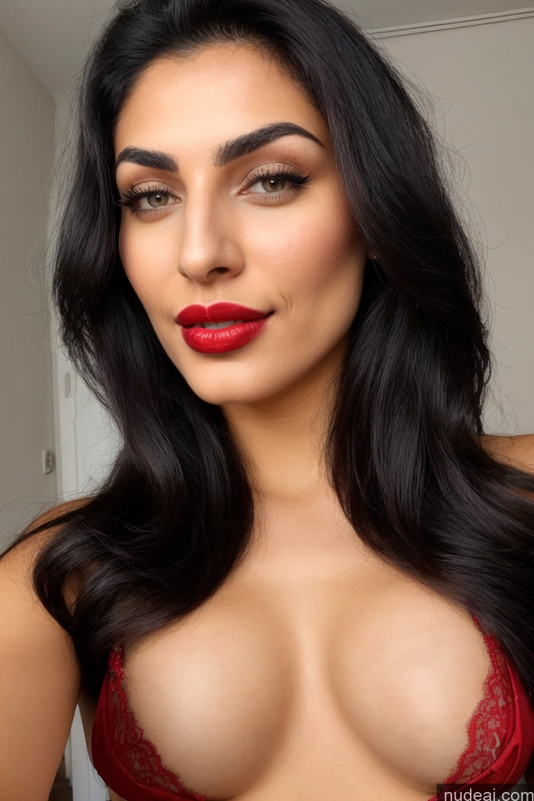 ai nude image of araffed woman with long black hair and red lipstick posing for a picture pics of Woman One Perfect Boobs Small Tits Beautiful Small Ass 18 Black Hair Messy Orgasm Bedroom Lipstick Close-up View Cleavage On Back Fur Arabic