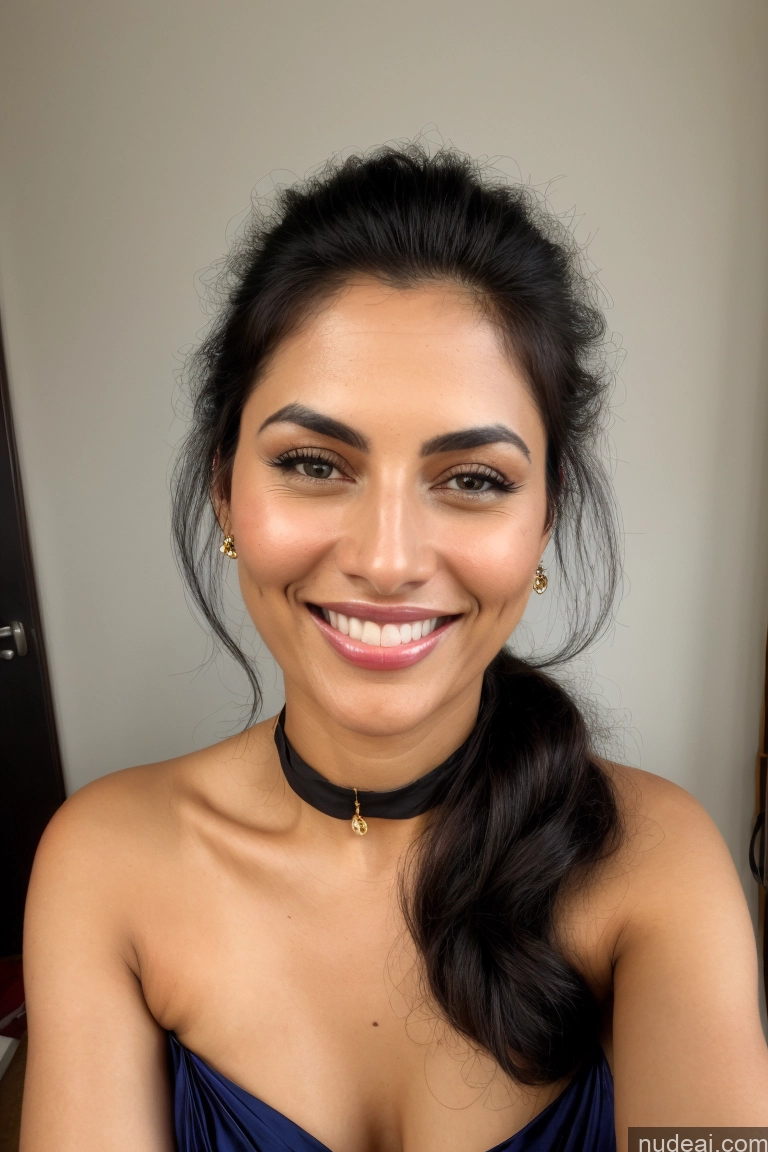 ai nude image of smiling woman in blue dress with black choker and gold necklace pics of Milf One Small Tits 30s Happy Black Hair Ponytail Indian Vintage Stage Front View Dress Sari Satin Jewelry Partially Nude Topless Transparent Cleavage Sleeping Choker