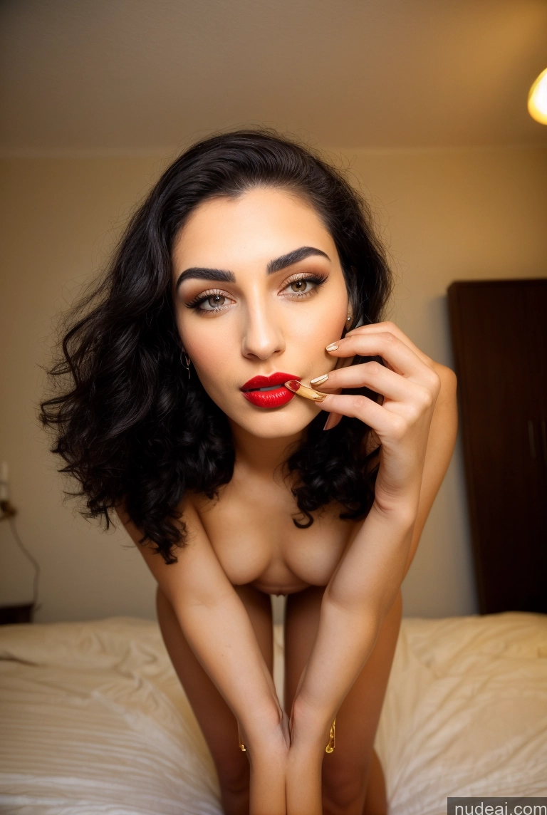 ai nude image of araffed woman with red lipstick and gold jewelry on bed pics of Woman One Beautiful Lipstick Small Ass 18 Black Hair Egyptian Close-up View Nude Small Tits Bedroom Gold Jewelry Shocked Straight