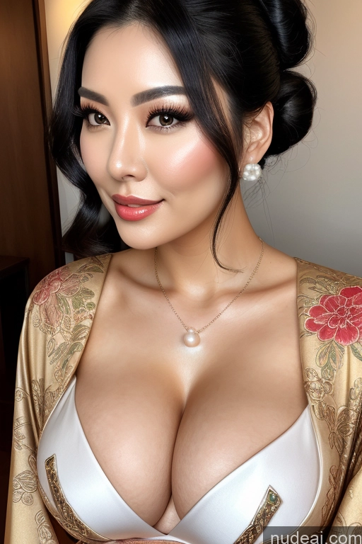 ai nude image of araffed asian woman with a very big breast posing for a picture pics of Busty Perfect Boobs Black Hair Pearl Jewelry Sexy Face Hair Bun Kimono Korean Illustration Jewelry