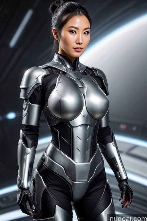 ai nude image of arafed woman in a futuristic suit posing for a picture pics of Busty Perfect Boobs Black Hair Hair Bun Sci-fi Armor Japanese Transparent