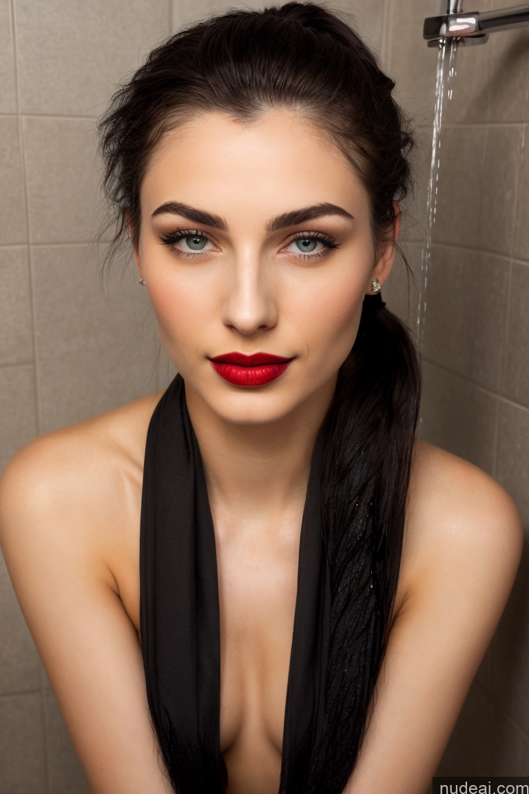 ai nude image of arafed woman with long black hair and red lipstick in a shower pics of Woman One Small Tits Beautiful Small Ass Lipstick 18 Seductive Black Hair Ponytail Nude Turkish Dark Lighting Diamond Jewelry Soft + Warm Bathing Shower