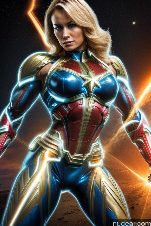 Captain Marvel Busty Superhero Powering Up Blonde Cosplay Science Fiction Style Bodybuilder Abs Space Perfect Boobs Heat Vision SuperMecha: A-Mecha Musume A素体机娘 Neon Lights Clothes: Blue