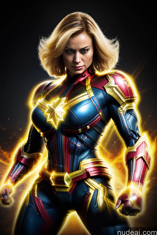 Captain Marvel Busty Superhero Powering Up Cosplay Science Fiction Style Bodybuilder Abs Perfect Boobs Heat Vision SuperMecha: A-Mecha Musume A素体机娘 Neon Lights Clothes: Yellow Battlefield