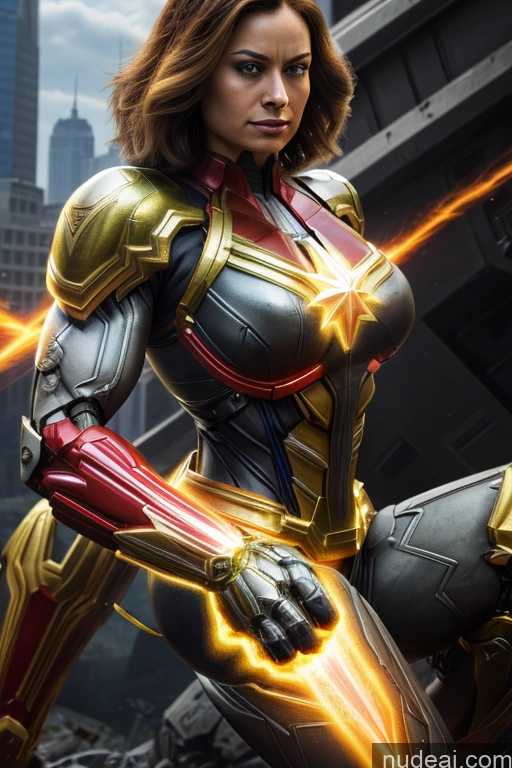 Captain Marvel Busty Superhero Powering Up Cosplay Science Fiction Style Bodybuilder Abs Perfect Boobs Heat Vision SuperMecha: A-Mecha Musume A素体机娘 Neon Lights Clothes: Yellow Battlefield