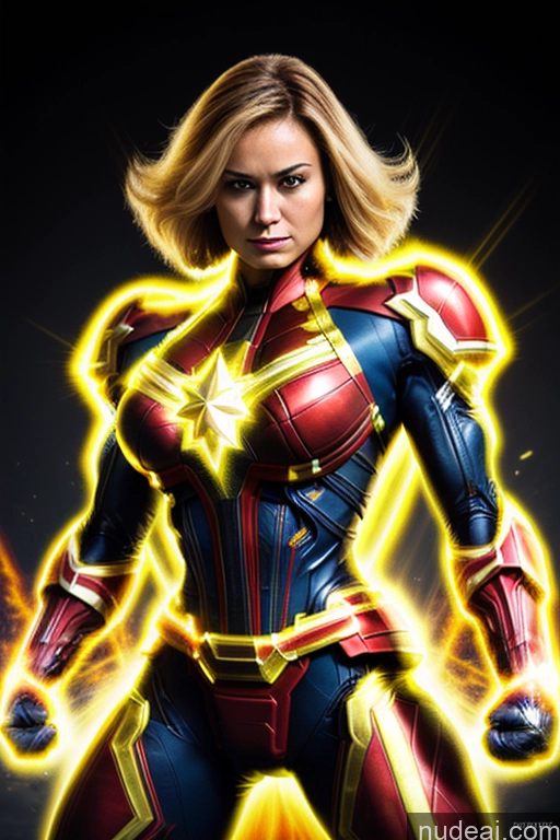 ai nude image of a close up of a woman in a costume with a flash pics of Captain Marvel Busty Superhero Powering Up Cosplay Science Fiction Style Bodybuilder Abs Perfect Boobs Heat Vision SuperMecha: A-Mecha Musume A素体机娘 Neon Lights Clothes: Yellow Battlefield