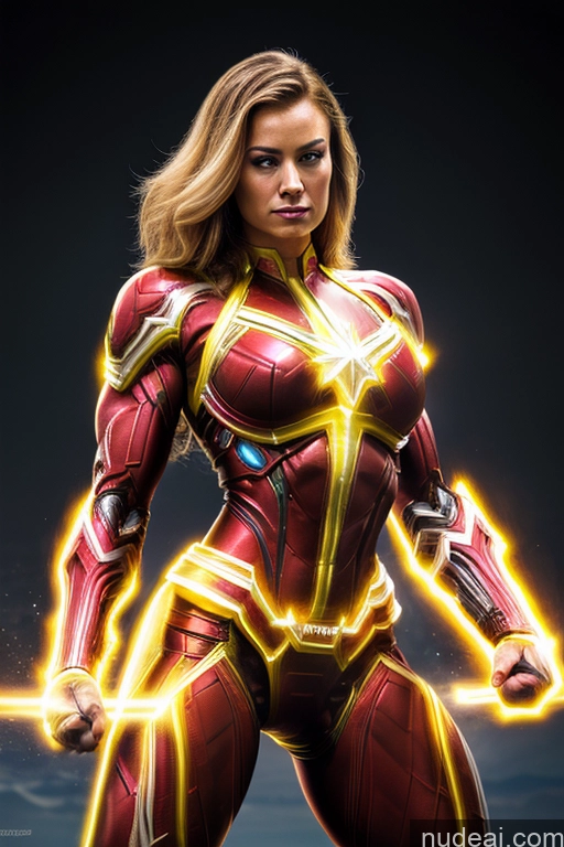 ai nude image of a close up of a woman in a suit with a sword pics of Captain Marvel Busty Superhero Powering Up Cosplay Science Fiction Style Bodybuilder Abs Perfect Boobs Heat Vision SuperMecha: A-Mecha Musume A素体机娘 Space Regal Neon Lights Clothes: Yellow