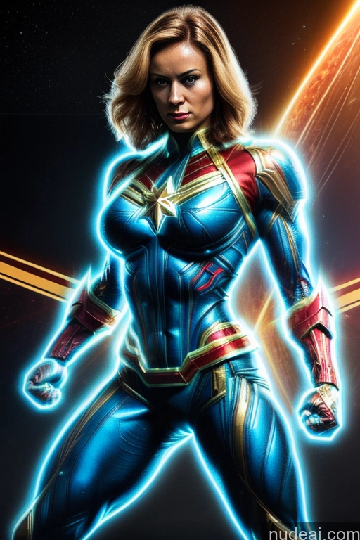 ai nude image of a woman in a blue suit standing in front of a planet pics of Captain Marvel Busty Superhero Powering Up Cosplay Science Fiction Style Bodybuilder Abs Perfect Boobs Heat Vision SuperMecha: A-Mecha Musume A素体机娘 Space Regal Neon Lights Clothes: Blue