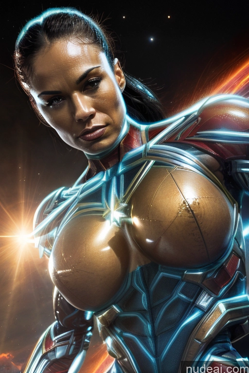 ai nude image of a close up of a woman with a large breast in a futuristic suit pics of Captain Marvel Busty Superhero Powering Up Cosplay Science Fiction Style Bodybuilder Abs Perfect Boobs Heat Vision SuperMecha: A-Mecha Musume A素体机娘 Space Regal Neon Lights Clothes: Blue Muscular