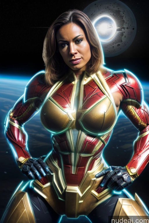 ai nude image of a close up of a woman in a superhero costume standing in front of a planet pics of Captain Marvel Busty Superhero Powering Up Cosplay Science Fiction Style Bodybuilder Abs Perfect Boobs Heat Vision SuperMecha: A-Mecha Musume A素体机娘 Space Regal Neon Lights Clothes: Blue Muscular