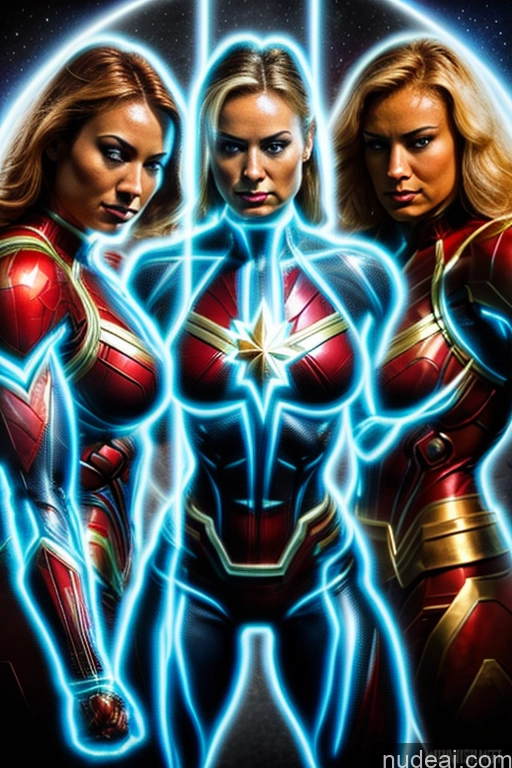 ai nude image of a poster of the three women in the movie wonder pics of Captain Marvel Busty Superhero Powering Up Cosplay Science Fiction Style Bodybuilder Abs Perfect Boobs Heat Vision SuperMecha: A-Mecha Musume A素体机娘 Space Regal Neon Lights Clothes: Blue Muscular