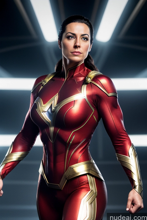 ai nude image of a close up of a woman in a red and gold costume pics of Regal Mary Thunderbolt Neon Lights Clothes: Red Muscular Fairer Skin Superhero Science Fiction Style Dynamic View