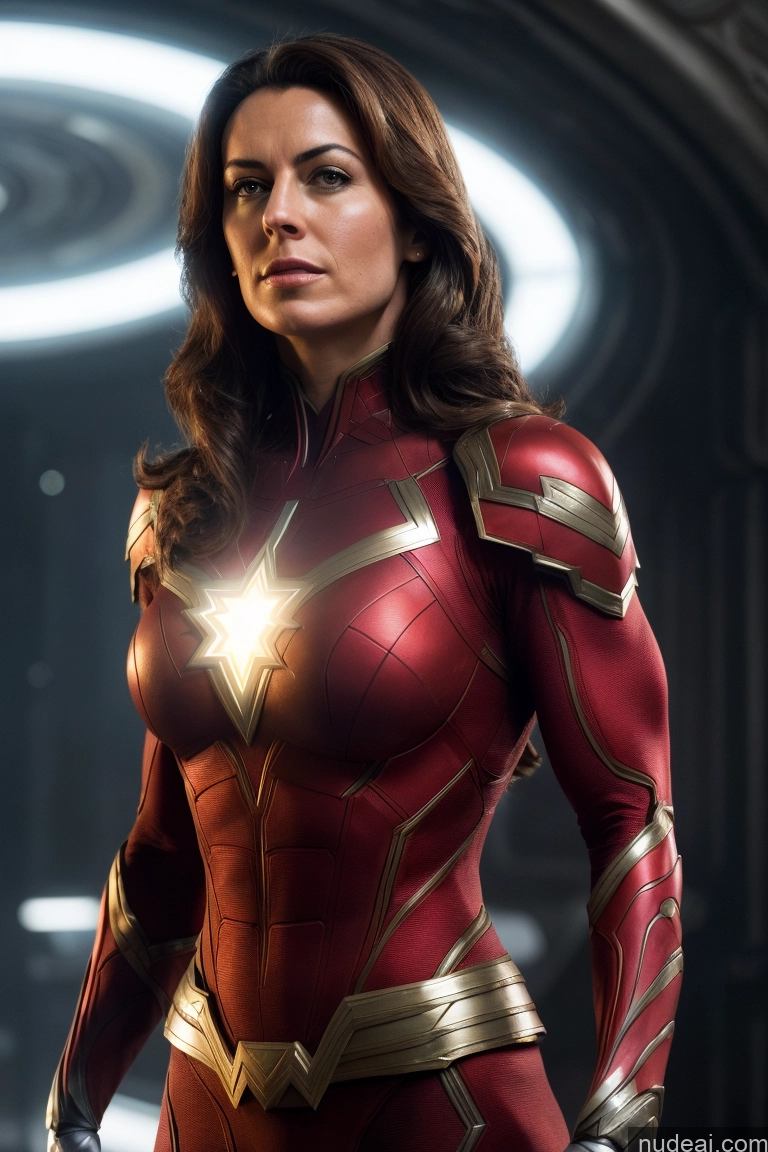 ai nude image of a close up of a woman in a red and gold costume pics of Regal Mary Thunderbolt Neon Lights Clothes: Red Muscular Fairer Skin Superhero Science Fiction Style