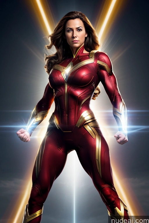 ai nude image of a woman in a red and gold costume standing in front of a light pics of Regal Mary Thunderbolt Neon Lights Clothes: Red Muscular Fairer Skin Superhero Science Fiction Style Powering Up