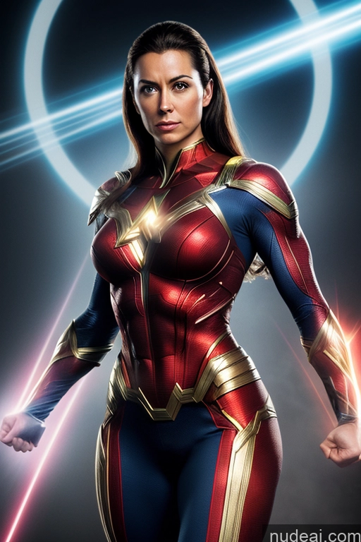 ai nude image of a close up of a woman in a costume with a light beam pics of Regal Mary Thunderbolt Neon Lights Clothes: Red Muscular Fairer Skin Superhero Science Fiction Style Powering Up Dynamic View Heat Vision