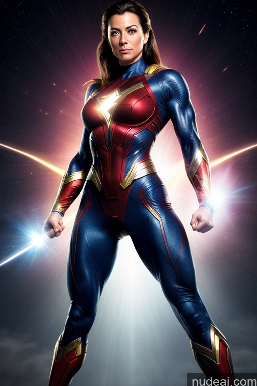 ai nude image of a close up of a woman in a superhero costume posing for a picture pics of Regal Mary Thunderbolt Neon Lights Clothes: Red Muscular Fairer Skin Superhero Science Fiction Style Powering Up Heat Vision