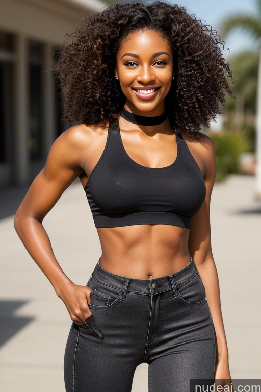 ai nude image of arafed woman with a black top and jeans posing for a picture pics of Dark Skin Skinny Big Hips Long Legs Tall 18 Curly Hair Black Happy Black Hair Mall Choker Crop Top Gold Jewelry Busty Perfect Boobs Beautiful Perfect Body Yoga Pants Sports Bra