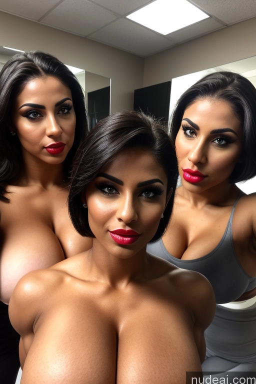 ai nude image of there are three women that are posing for a picture in a mirror pics of Woman Busty Huge Boobs Muscular Lipstick Big Ass Abs Big Hips Tall 18 Shocked Black Hair Bobcut Arabic Bathroom Front View Nude Detailed