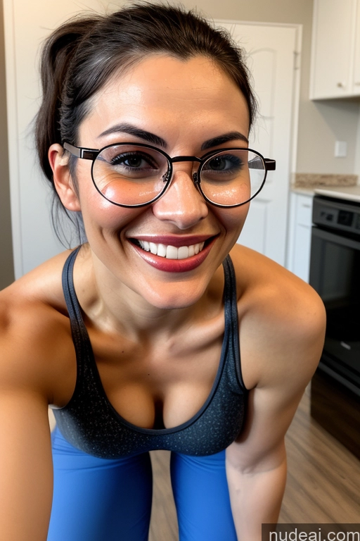 ai nude image of smiling woman in glasses and a blue top in a kitchen pics of Woman One Beautiful Glasses Thick Perfect Body Tall Fairer Skin Black Hair Ponytail Kitchen Front View Spreading Legs Turkish Pajamas 30s Happy