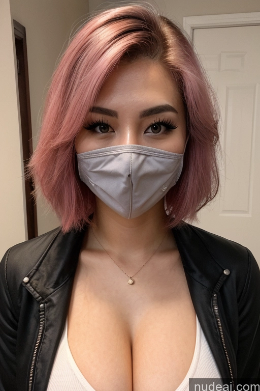 ai nude image of arafed woman with pink hair wearing a mask and a black jacket pics of Perfect Boobs Big Ass Short Pink Hair Skinny Front View 18 Straight Dark Lighting Sorority Busty Beautiful Korean Face Mask Jacket Cleavage Partially Nude