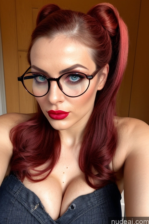 ai nude image of there is a woman with glasses and a red hair posing for a picture pics of Beautiful Lipstick Long Legs Big Hips Pouting Lips Ginger Partially Nude Big Ass Pubic Hair Busty Glasses Bending Over Pigtails Model Bdsm Western