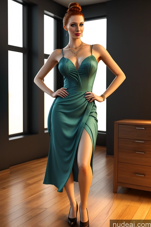 ai nude image of arafed woman in a green dress standing in a room pics of Woman Skinny 20s Ginger Irish 3d Flight Attendant Long Skirt Jewelry Bright Lighting Alternative Hair Bun Chemise