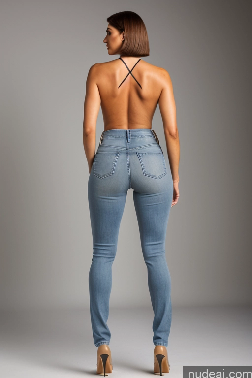 ai nude image of araffed woman in jeans and heels standing in a studio pics of Milf Thick Tall Big Ass White 60s One Brunette Back View Bobcut Big Hips Long Legs