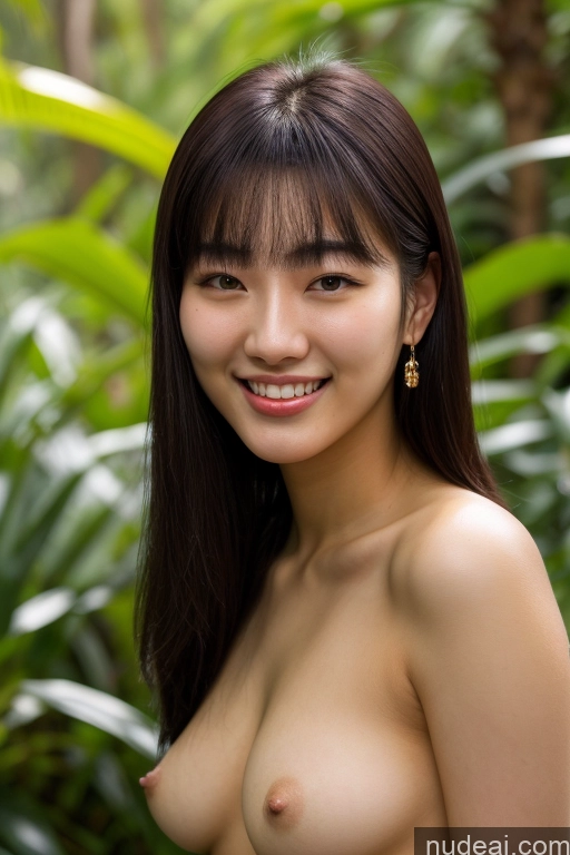 ai nude image of arafed asian woman with a big breast posing in a garden pics of Woman Several Small Tits Small Ass Pubic Hair 18 Happy Black Hair Bangs Korean Front View Nude Topless Jewelry Bright Lighting Soft + Warm Jungle