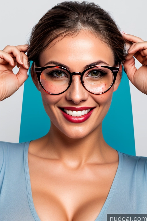 ai nude image of smiling woman wearing glasses and a blue top holding her head pics of Woman Perfect Boobs Glasses Beautiful Fairer Skin 30s Happy Turkish