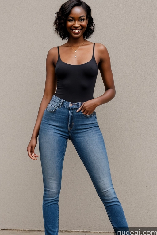 ai nude image of araffe woman in black top and jeans posing for a picture pics of Woman One Small Tits Big Ass Long Legs Dark Skin 18 Happy Black Hair Short Hair Black Front View Church Wedding Partially Nude Topless