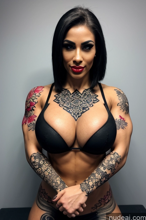 ai nude image of arafed woman with tattoos and a black bra top posing for a picture pics of Miss Universe Model One Busty Huge Boobs Lipstick Muscular Tattoos Big Ass Skinny Abs Big Hips Tall 18 Ahegao Ginger Slicked Black Nude