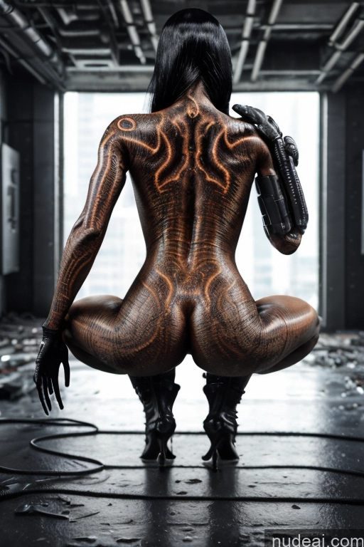 ai nude image of arafed woman with a gun and a tattoo on her back pics of One Squirting 20s Seductive Nude Dark Lighting Detailed Perfect Boobs Cyborg Black Hair Cyberpunk Hell Back View Bending Over Straight