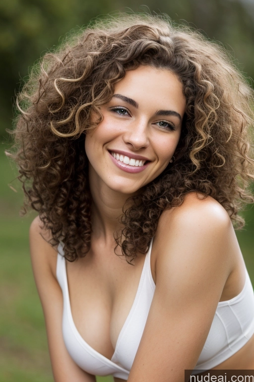 ai nude image of smiling woman with curly hair and white top posing for a picture pics of 18 Skinny Beautiful Happy Spreading Legs Brunette Curly Hair