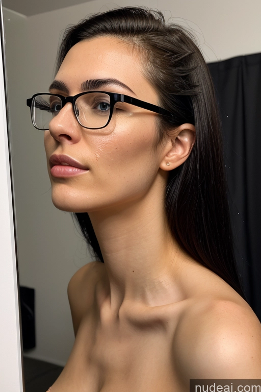 ai nude image of there is a woman with glasses looking at herself in the mirror pics of Woman Small Tits Small Ass Skinny 18 Serious Black Hair Fairer Skin Mirror Selfie Bathroom Nude Cumshot