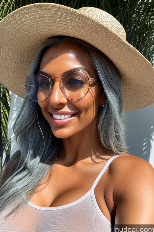 ai nude image of a close up of a woman wearing a hat and glasses pics of Woman Several Glasses 18 Happy Orgasm Seductive Blue Hair Long Hair Spanish Nude Skinny Tanned Skin Huge Boobs Busty Topless Front View