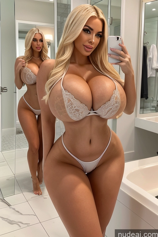 ai nude image of araffes in a white lingerie taking a selfie in a bathroom pics of Busty Huge Boobs Seductive Blonde Straight Mirror Selfie Bathroom Full Frontal T-pose One Piece Swimsuit Swedish Bimbo Two