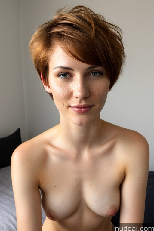 ai nude image of there is a naked woman sitting on a bed with a white sheet pics of One Woman Ginger German Bedroom Nude Small Tits Small Ass Short Hair Close-up View 18 Cumshot