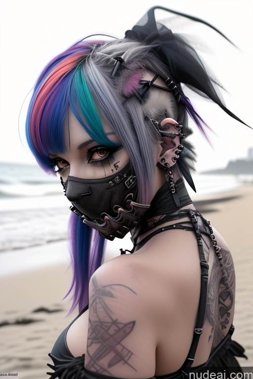 ai nude image of arafed woman with colorful hair and piercings on a beach pics of Gothic Punk Girl Close-up View Perfect Boobs Big Ass Nude Bra Pull Down Rainbow Haired Girl Beach