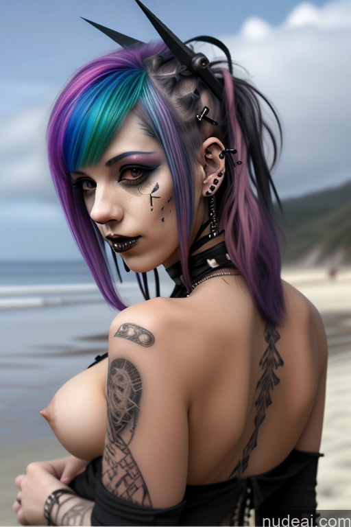 ai nude image of arafed woman with colorful hair and piercings on the beach pics of Gothic Punk Girl Close-up View Perfect Boobs Big Ass Nude Bra Pull Down Rainbow Haired Girl Beach