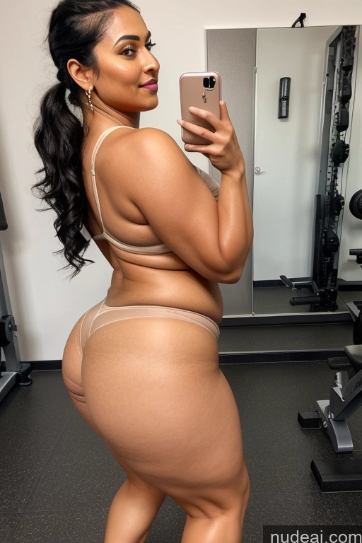 ai nude image of araffe woman in a tan panties taking a selfie in a gym pics of Busty Perfect Boobs Beautiful Perfect Body 30s Seductive Black Hair Nude Chubby Fairer Skin Milf Orgasm Sexy Face Hair Bun Indian Mirror Selfie Gym Bright Lighting Pearl Jewelry Squatting Front View