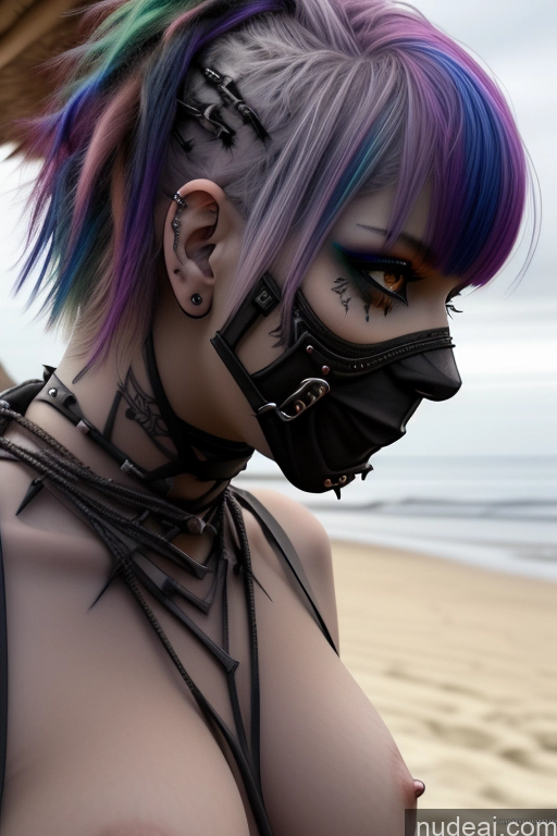 ai nude image of arafed woman with colorful hair and a mask on a beach pics of Gothic Punk Girl Close-up View Perfect Boobs Big Ass Nude Bra Pull Down Rainbow Haired Girl Beach