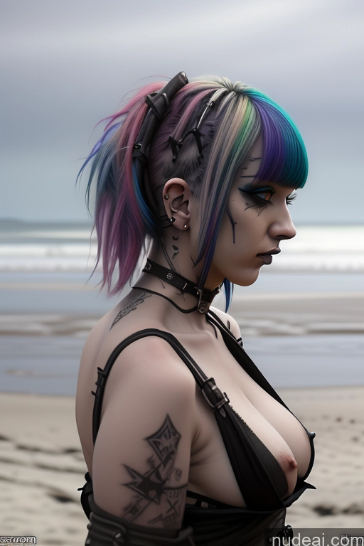 ai nude image of arafed woman with colorful hair and piercings on the beach pics of Gothic Punk Girl Close-up View Perfect Boobs Big Ass Nude Bra Pull Down Rainbow Haired Girl Beach