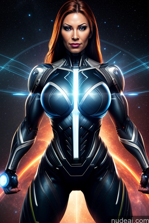 ai nude image of a close up of a woman in a futuristic suit with a sword pics of Cyborg Busty Muscular Science Fiction Style Space Dynamic View Heat Vision Neon Lights Clothes: Red Powering Up