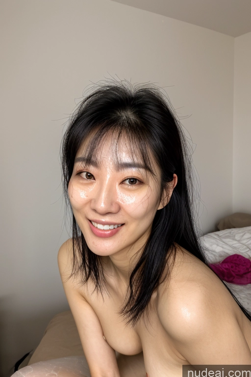 ai nude image of arafed asian woman with a shaved face and no shirt on pics of Woman Several Happy Black Hair Korean Small Ass Small Tits Skin Detail (beta) Front View Cumshot Nude Thigh Socks Topless Jewelry Bright Lighting Messy 40s