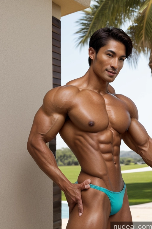 ai nude image of arafed male bodybuilde in a blue thong posing for a picture pics of One Small Ass Abs Seductive Brunette Short Hair Nude Perfect Boobs Short Perfect Body Tanned Skin Fairer Skin 50s Japanese Pool Front View Bodybuilder