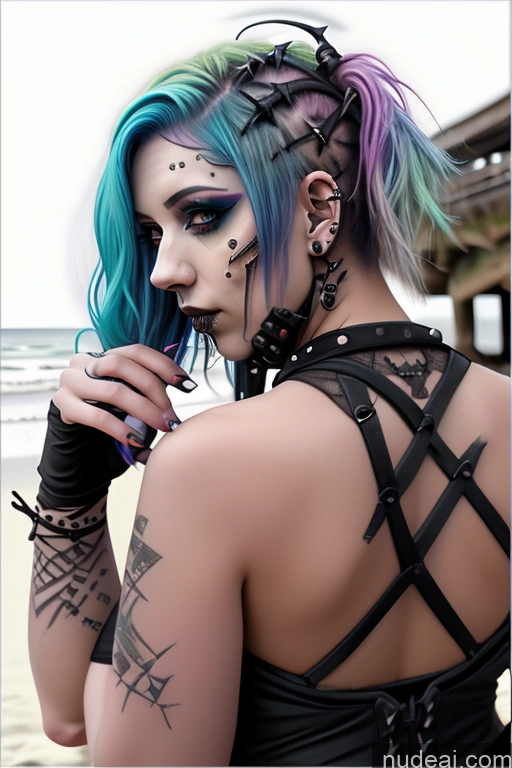 ai nude image of arafed woman with blue hair and tattoos on her back pics of Gothic Punk Girl Close-up View Perfect Boobs Big Ass Nude Bra Pull Down Rainbow Haired Girl Beach